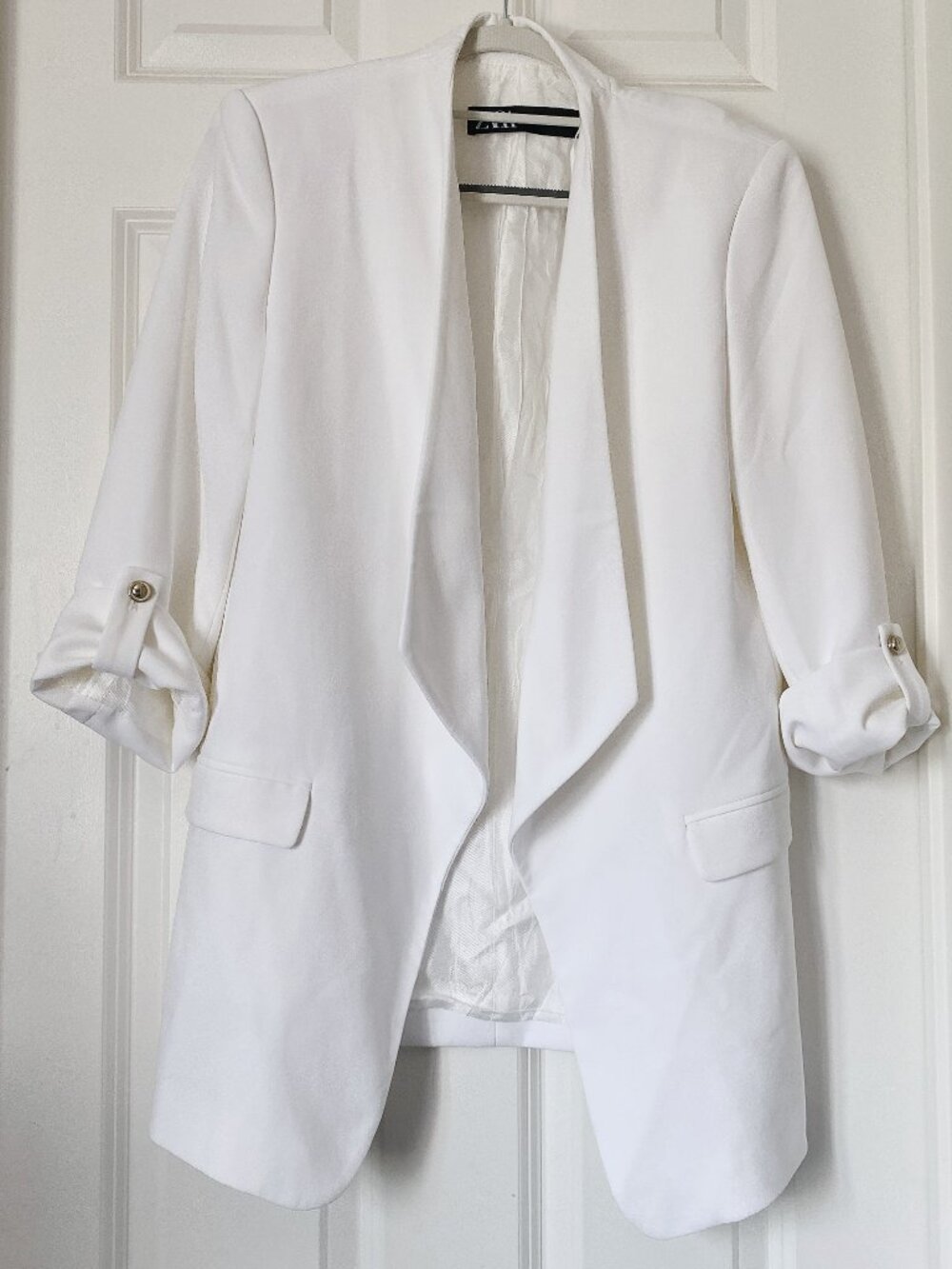 Zara Women Open Front White Blazer Roll Up Sleeve
